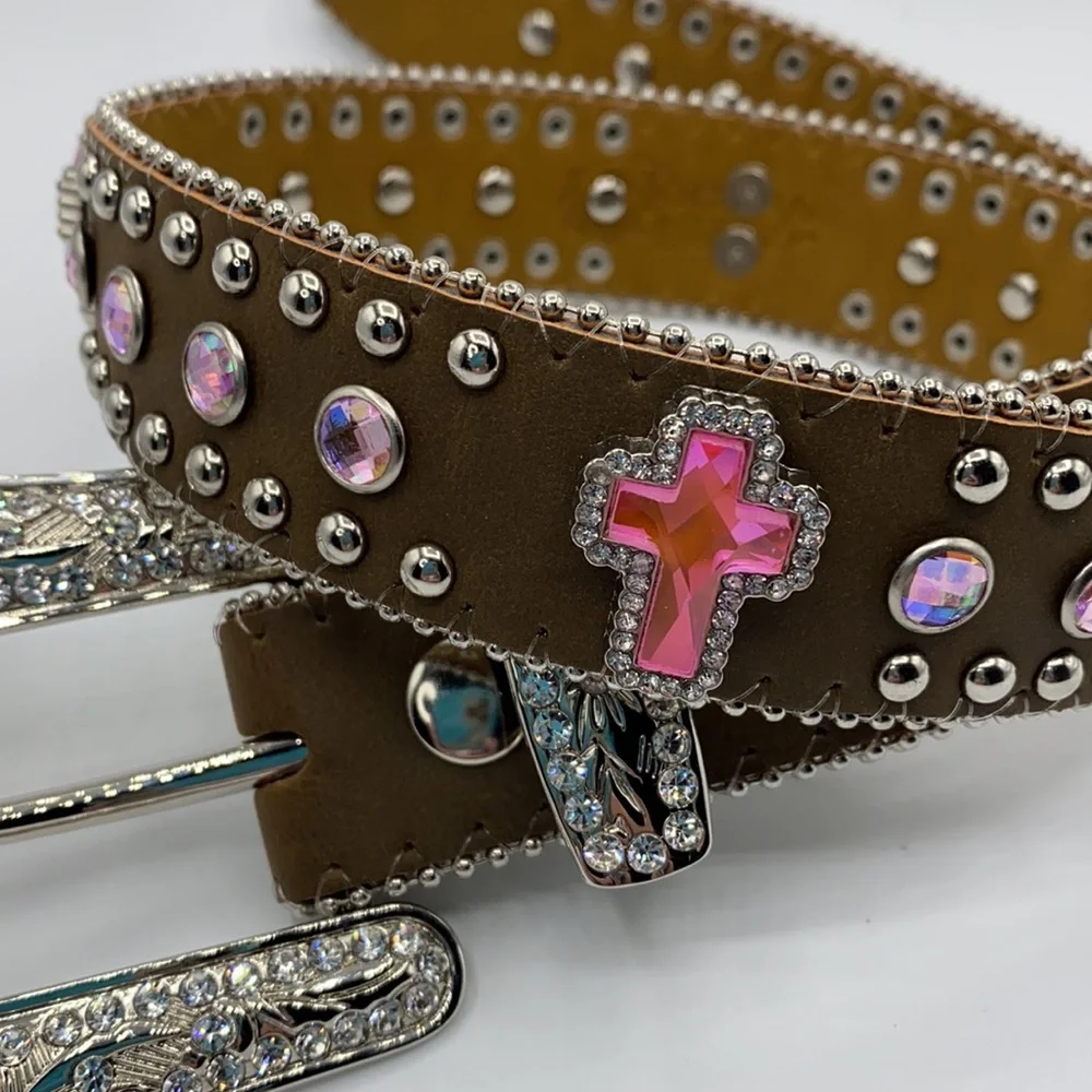 Nocona Brown Kids Belt with Pink Cross and Iridescent Studs